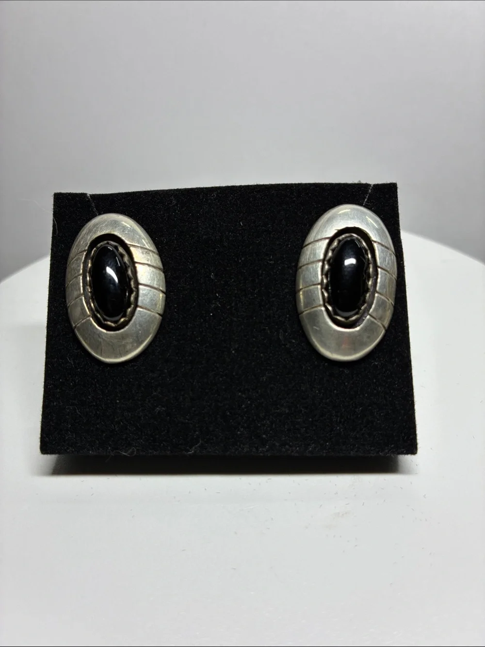 Vintage Sterling Silver Black Onyx Oval Stud Earrings